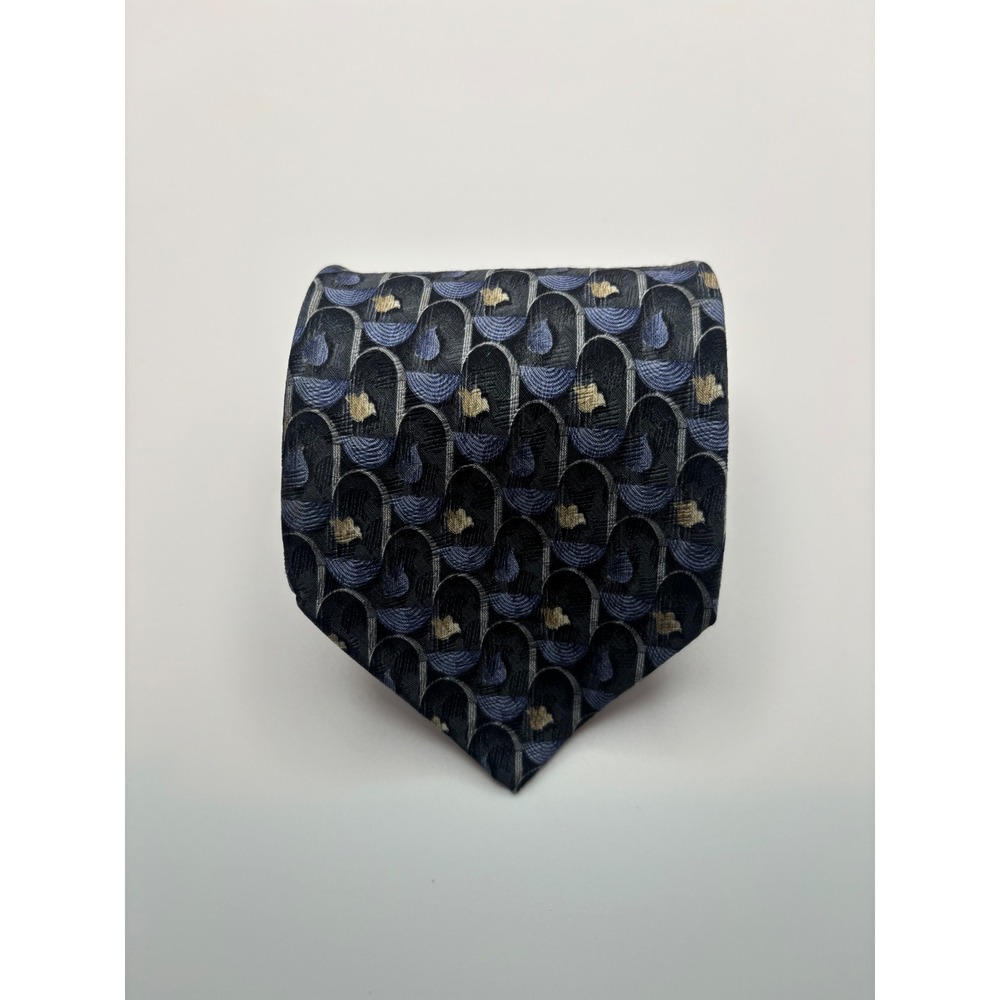 Ermenegildo Zegna Silk Tie Navy Blue Grey Gold Geometric Disegno Esclusivo Italy